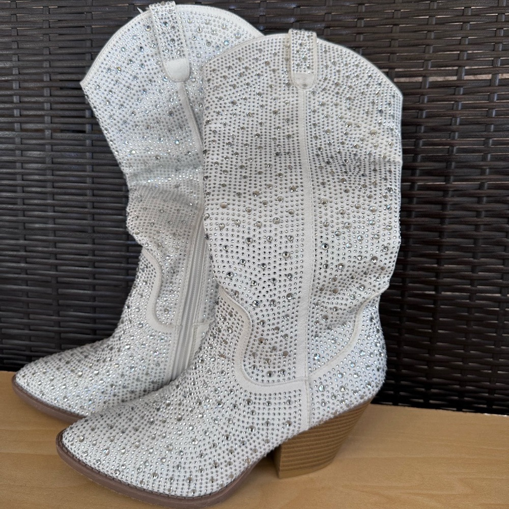 Country Glow White Rhinestone Glitter Disco Cowgirl Western Knee Boots - Picture 6 of 10